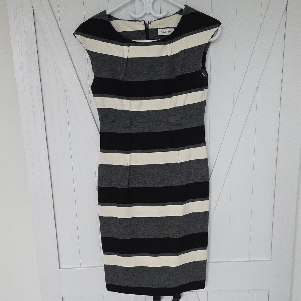 Calvin Klein Black and White Sleeveless Striped Dress